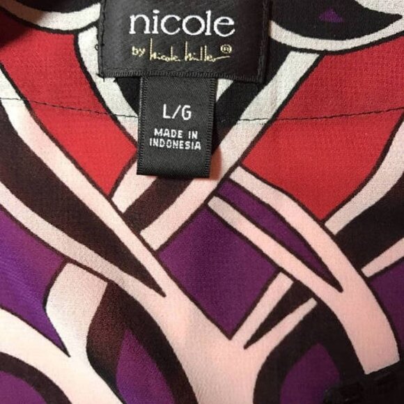 Nicole Miller L Black Geometric Print Beaded Neck Shirred Hem Long Sleeve Blouse - Picture 5 of 5